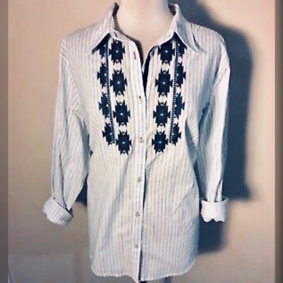 Chaps Tops - Chaps Valley Inn Striped blue embroidered shirt